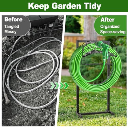 Garden Hose Holder, Freestanding Water Hose Holder Stand with Storage Basket, Sturdy Metal Garden Hoses Storage Rack Holds 150FT for Outside Yard Lawn Farm