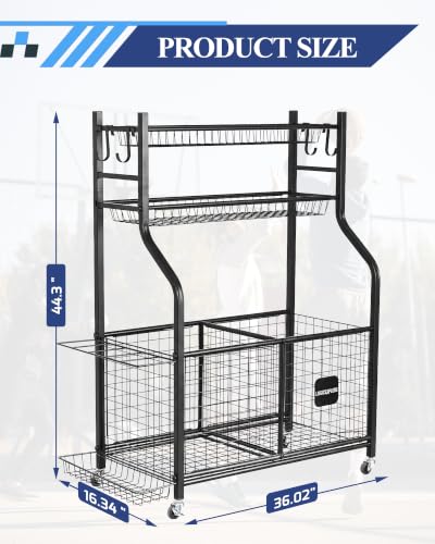 Sports Equipment Organizer with Wheels for Garage Ball Storage | Heavy-duty metal sports organizer with rolling wheels for ball and equipment storage in garages, homes, schools and gyms.