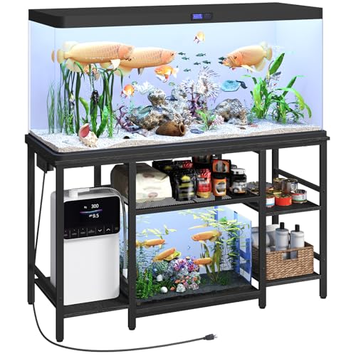 MAHANCRIS 55-75 Gallon Fish Tank Stand with Power Outlet, 3-Tier Metal Frame Aquarium Stand, Heavy Duty Reptile Terrarium Tank Stand, 52.0" L x 19.7" W x 29.9" H, 800 LBS Capacity, Black FTBK55E01 - color: Black