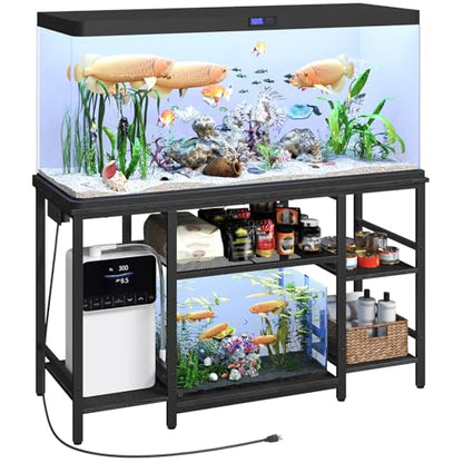 MAHANCRIS 55-75 Gallon Fish Tank Stand with Power Outlet, 3-Tier Metal Frame Aquarium Stand, Heavy Duty Reptile Terrarium Tank Stand, 52.0" L x 19.7" W x 29.9" H, 800 LBS Capacity, Black FTBK55E01 - color: Black