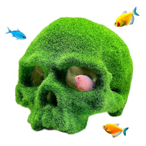 Mossy Skull Aquarium Decor, Resin Fish Tank Decorations Shrimp Cave Aquarium Betta Fish Hiedout Reptile House for Small Fish
