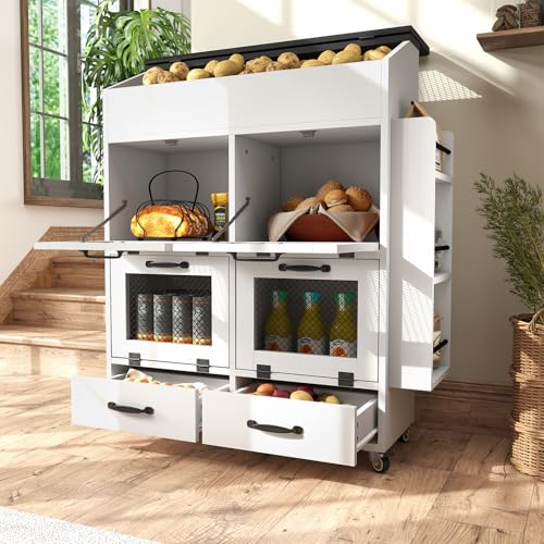 Large Potato and Onion Storage Bin on Wheels, Wood Bread Box w/Lid & Mesh Doors, 4-Tier Rolling Fruit and Vegetable Storage Organizer w/Grocery Section & Side Rack (White, 31.5") - color: White, size: 31.5"