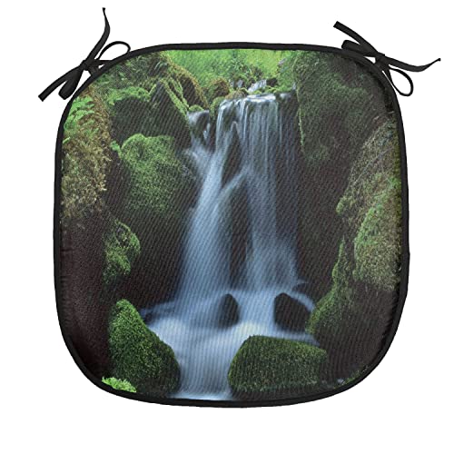Lunarable Waterfall Chair Cushion Pads Set 12, Flowing Water from Mountains and Stream with Moss Covered Stones Picture, Anti-Slip Seat Padding for Kitchen & Patio, 16"x16", Dark Green White