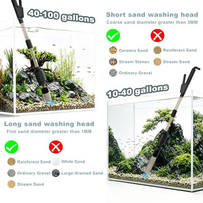 10-100 Gallon Fish Tank Vacuum Gravel Cleaner Electric: Aquarium Vacuum Gravel Cleaner with Adjustable Flow Sock Filter and Water Circulation，DC24V Strong Suction Quiet Pump for Fresh Salt Turtle Tank | One handed sand washing | Internal circulation filtr