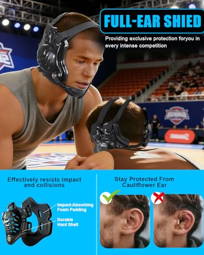 Wrestling Headgear, Youth Wrestling Head Gear with Chin Cup, Sorf Ear Guard for MMA, Jiu-Jitsu (for Users Age 10+) - color: Black