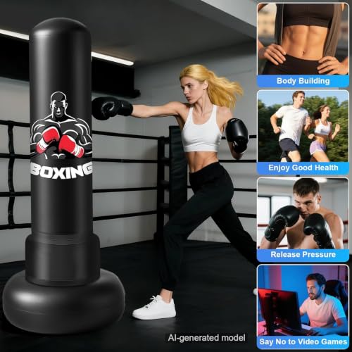 Punching Bag for Adults with Stand, 71'' Free Standing Heavy Boxing Bag with Boxing Gloves and Pump, Kickboxing Bags for Men Teens Beginners Training MMA Muay Fitness Thai