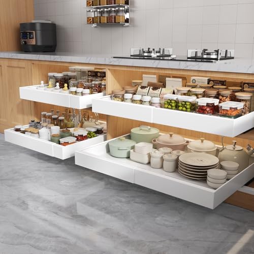 4 Pack Pull Out Cabinet Organizers 21" Deep With Raising Pad for Framed Cabinets, Expandable Width (15.2"-26.3") Slide Out Drawers Upgrade 3 Slide Rails, Roll Out Shelves Adhesive, White - color: White, size: 15.2"-26.3"Wide x 21"Deep(4 Pack)
