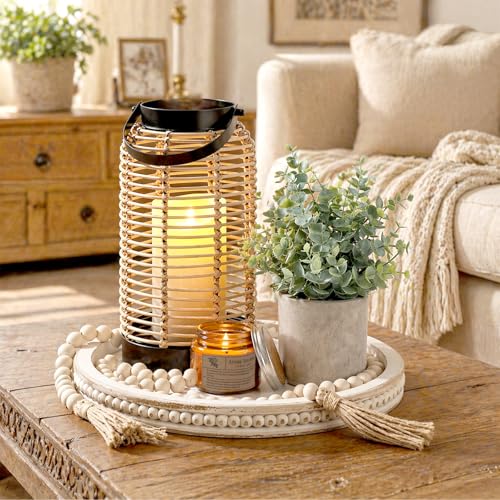 Novabright 6 Pcs Rustic Bobo Farmhouse Lantern Decor Set Candle Lanterns Decorative Indoor with Wooden Tray Bead Aromatherapy Candle Faux Plant Rustic Decor for Living Room Mantel Housewarming Gift - style: Rustic Bobo