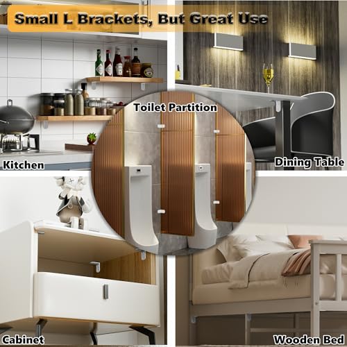 Alise 4Pcs Shelf Brackets White, Stainless Steel Floating Shelf Brackets Corner Brackets, L Brackets for Shelves, 90 Degree Angle Bracket, Heavy Duty Shelf Brackets for Wood Furniture (2.56X2.56 in)