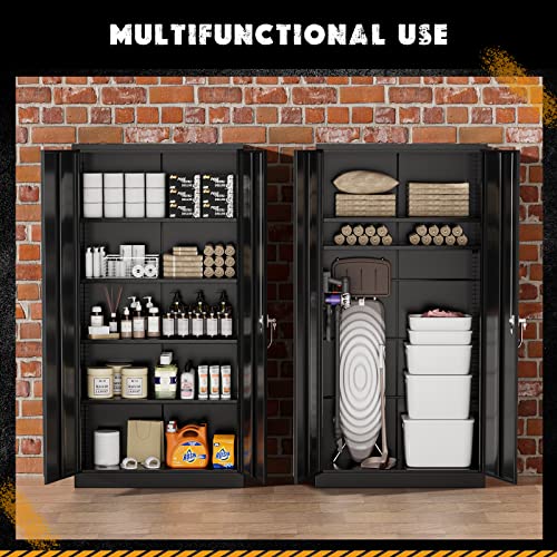 Storage Cabinet, 72” Black Garage Steel Locking Cabinet with Doors and 4 Adjustable Shelves, Tall Lockable File &Tool Cabinet for Home Office, Metal Classroom Cabinet Basement
