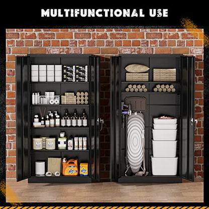 Storage Cabinet, 72” Black Garage Steel Locking Cabinet with Doors and 4 Adjustable Shelves, Tall Lockable File &Tool Cabinet for Home Office, Metal Classroom Cabinet Basement
