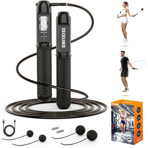 Cordless Weighted Jump Ropes for Home Gym and HIIT Workouts | Jump Rope with LED Display and Jump Counter, Adjustable Steel Wire for Fitness, Tracks Jumps, Calories & Time, for Men, Women - color: Black
