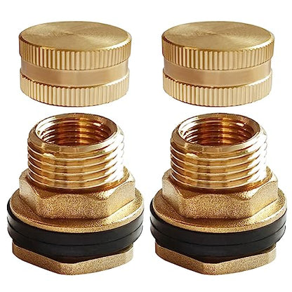 Brass Bulkhead Fitting 1/2" Female x 3/4" GHT Male with Plug, 2PCS | Fit for 1" ID Hole to Install Include 3/4" GHT Female End Caps Garden Hose Water Tank Connector Compression Bulkhead Fittings - size: 2 Set, style: with End Caps
