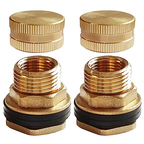 Brass Bulkhead Fitting 1/2" Female x 3/4" GHT Male with Plug, 2PCS | Fit for 1" ID Hole to Install Include 3/4" GHT Female End Caps Garden Hose Water Tank Connector Compression Bulkhead Fittings - size: 2 Set, style: with End Caps