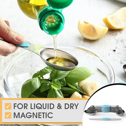 Spring Chef Stainless Steel Magnetic Measuring Spoons Set of 8 with Leveler, Nesting Metal Teaspoon & Tablespoon Measuring Spoons, Fits in Spice Jars, Kitchen Gadgets for Baking & Cooking - Aqua Sky - color: Blue (Aqua Sky), size: 1-Pack