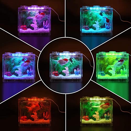 Small Betta Fish Tank, Aquarium Tank Kit with LED Lighting, 0.6 Gallon Stackable Fighting Fish Tank Set, Fish Bowl Accessories for Turtle Reptile Shrimp Crab Insects as Decoration