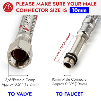 40-Inch Long Faucet Water Supply Lines, Braided Stainless Steel Supply Hose 3/8-Inch Female Compression Thread x M10 Male Connector, x 2 Pcs (1 Pair) - size: 40 Inch