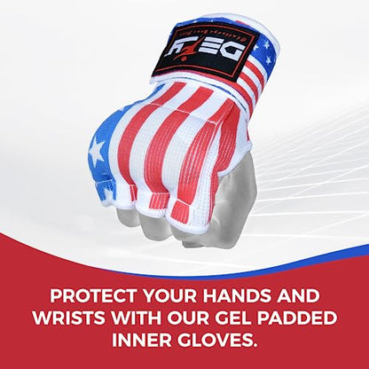 DEFY Padded Inner Gloves Quick 75cm Long Strap – Inner Boxing Gloves Gel Padded Knuckle Protection – Elasticated Boxing Hand Wraps for MMA Muay Thai Kickboxing Martial Arts Pair - color: US Flag, size: X-Large