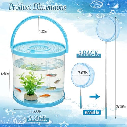 2 Sets Catch Plastic Beach Aquarium Kit, Release Aquarium Box for Beach with Retractable Net Bag and Transparent Portable Handheld（Round）