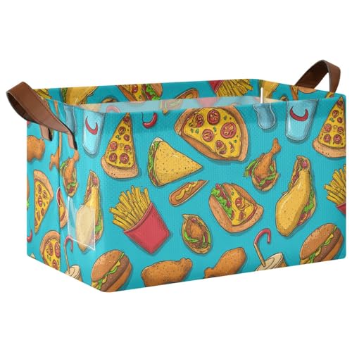 Ollabaky Collapsible Rectangular Closet Storage Bin Burger Fried Chicken Hot Dog Pizza Taco French Fries Shelf Basket Box with Leather Handles - Storage Cube, Nursery Storage, Laundry Hamper