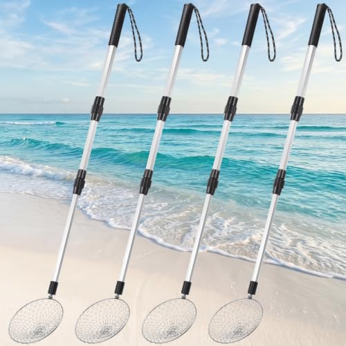 4 Pcs Shark Tooth Sifter Beach Sand Sifter Set 41.4" Adjustable Beach Sand Scoop Shell Scooper with Long Handle for Picking up Shells Beachcombing Rock Hunting