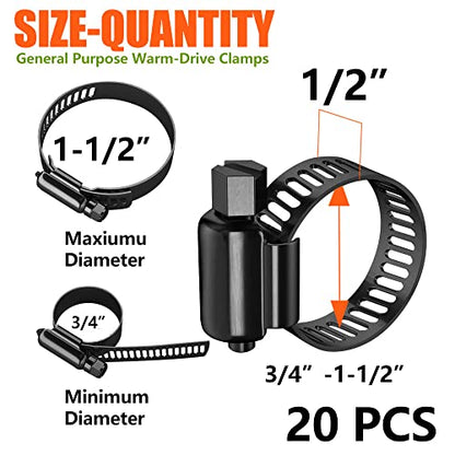 BOTTEN 20pcs Black Hose Clamp,3/4"- 1-1/2"(21-38mm)304 Hose Clamps Stainless Steel Adjustable Worm Gear Hose Clamps Assortment Kit,radiator hose clamps fuel line clamps - size: 3/4''–1-1/2''