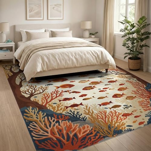8'x10' Washable Graphic Fish Large Rug, Teal Non-Shedding Pet Friendly Carpet for King Size Bedroom, Master Suite, Under Bed, Foldable Easy Care Mat | Ref:1994267