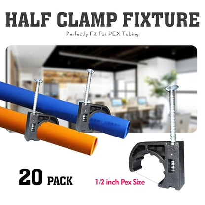 10 Pcs 3/8" - 1/2" Pex 90 Degree Elbow Plastic Tubing Bend Support With 20Pcs Half Clamp Fixture J-Hook,Elbow 90 Degree Pipe Fitting Kit Black,For 1/2 Inch Pex Tubing/Pipe Support