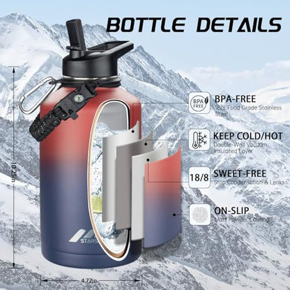 StarSpeed 64oz Insulated Water Bottle with Straws & 2 Lids,Red Blue - color: Red Blue, size: 64 Ounces
