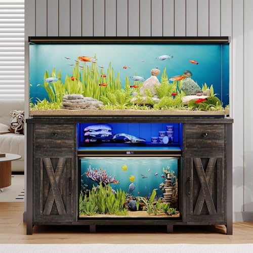 55-75 Gallon Fish Tank Stand with Power Outlet & LED Lights, Heavy Duty Aquarium Stand with Storage Drawers & Barn Doors, Reptile Tank Cabinet for Turtle, Reptile Terrarium, Dark Oak