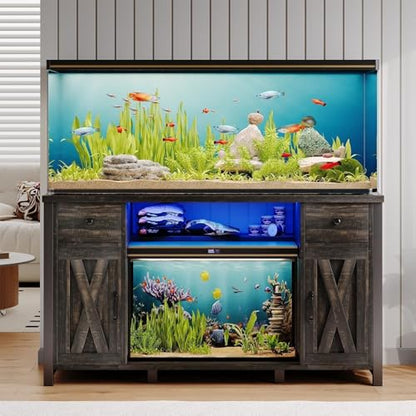 55-75 Gallon Fish Tank Stand with Power Outlet & LED Lights, Heavy Duty Aquarium Stand with Storage Drawers & Barn Doors, Reptile Tank Cabinet for Turtle, Reptile Terrarium, Dark Oak