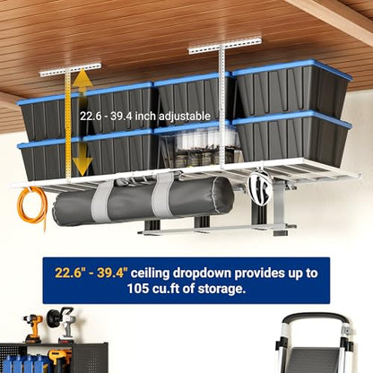 FLEXIMOUNTS 4x8 Overhead Garage Ceiling Storage Rack with 6 Hooks, White | 750lbs Capacity, 22.6"–39.4" Adjustable Dropdown, Heavy-Duty Metal Ceiling Racks, Storage Organization System, Lite Series - color: White