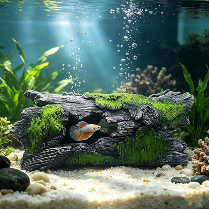 Teaeeno Faux Log Fish Cave, Predator Control and Decorative Shelter for Koi and Fish, Ponds, Aquariums, Aquarium Décor Ornaments (Green)