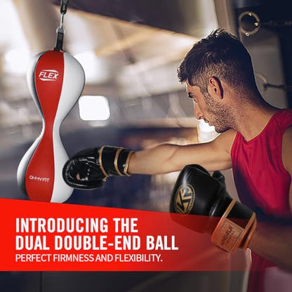 Flex Dual Double End Punching Bag and Extra Adjustable Bungee Cords Bundle - Complete Home & Gym Exercise Equipment Set for Men & Women