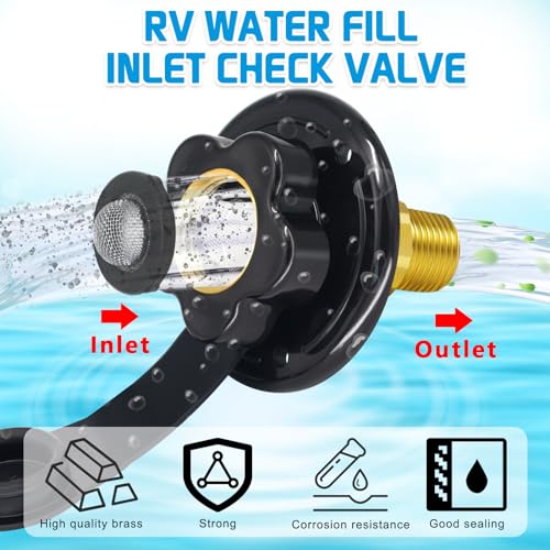 RV Fresh Water Inlet, RV Water Fill Inlet with Check Valve, 3/4 NH Female to 1/2 NPT Male RV Water Hose Connector, RV Water Inlet Replacement with Dust Plug for RV Camper Motorhome Marine - color: Black