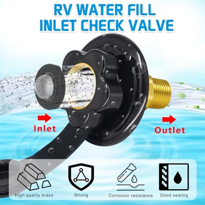 RV Fresh Water Inlet, RV Water Fill Inlet with Check Valve, 3/4 NH Female to 1/2 NPT Male RV Water Hose Connector, RV Water Inlet Replacement with Dust Plug for RV Camper Motorhome Marine - color: Black