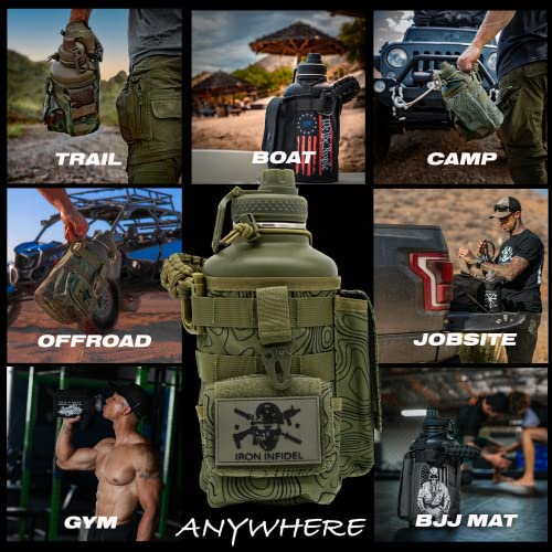 Iron Infidel Battle Bottle - Half Gallon Insulated Stainless Steel Water Jug with Handle - Gym Bottle for Men with Rugged Sleeve (Overland 2 Liter) - color: 64oz - Overland Green, size: 64 Ounces