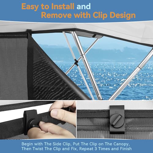 Detachable Clip in Bimini Top Mesh Sidewalls, Boat Sun Shade Universal Fit for 4 Bow Bimini Tops, with Straps Clips (Bimini Tops Not Included) - size: 4 Bow