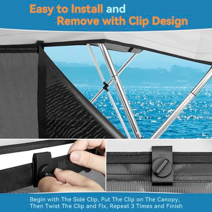 Detachable Clip in Bimini Top Mesh Sidewalls, Boat Sun Shade Universal Fit for 4 Bow Bimini Tops, with Straps Clips (Bimini Tops Not Included) - size: 4 Bow