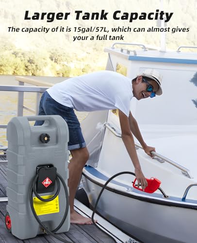 Fuel Caddy 14 gal, Portable Gasoline Tank Container With Manual Fuel Transfer Pump & 10 ft Long Hose, Gasoline Diesel Fuel Storage Tank On-Wheels, Portable Gas Tank for Cars, Lawn Mowers, Boats, Grey