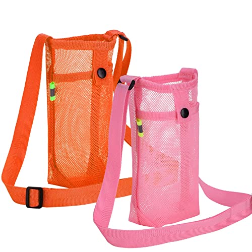 Tainehs Water Bottle Holder Carrier with Adjustable Shoulder Strap - Beach & Sports Bottle Bag for Hiking, Gym, Camping, Walking, Travel - color: Orange/Pink