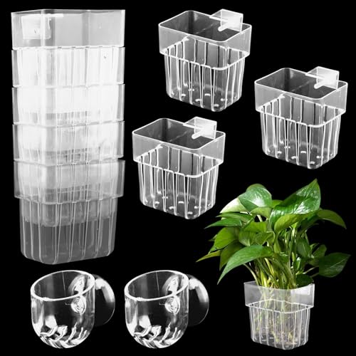 8 Pack Aquarium Plant Holder Top Hanging Fish Tank, Clear Acrylic Plant Pot Aquarium Planter Cups with Suction Cups for Water Feature Decoration(Color:Clear)