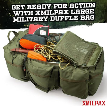 100L Large Military Duffle Bag Deployment Duffel Bag Sports Equipment Travel Luggage Bag with Detachable Backpack Straps… - color: AT Camo