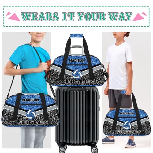 Personalized Volleyball Bag for Teens, Blue and Black Glitters Sequins | Custom Dance Bag Name Overnight Small Duffel Bag for Practice Gymnastics Ballet Sports Bag - color: Blue Black