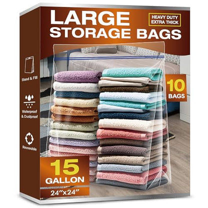 15 Gallon Large Storage Bags, 3.5 Mil Thick Clear Plastic Zipper Bags with Handles, 24" x 24" Large Heavy Duty for Home, Travel, and Moving (10 Packs) - size: 10 Large