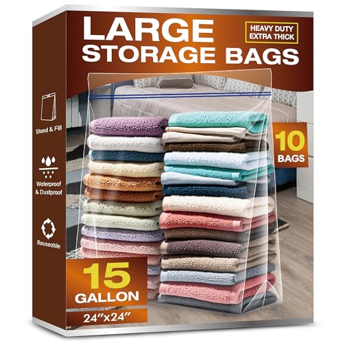 15 Gallon Large Storage Bags, 3.5 Mil Thick Clear Plastic Zipper Bags with Handles, 24" x 24" Large Heavy Duty for Home, Travel, and Moving (10 Packs) - size: 10 Large