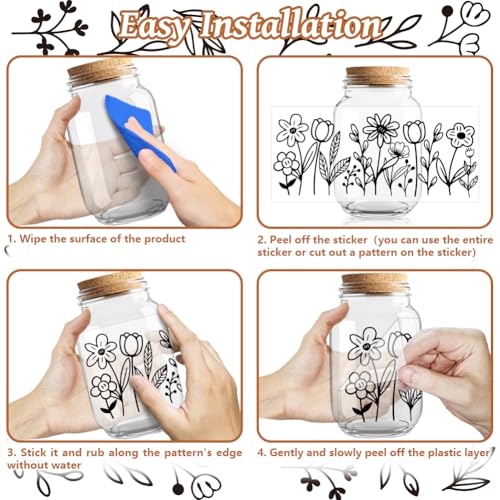 UV DTF Cup Wraps Transfer Stickers Black Line Flowers Pattern, 10 Sheets Waterproof Custom Vinyl Transfer Sticker 16oz Coffee Glass Cup Tumbler Bottle Mug Decals for Men Women - style: Black Line Flowers
