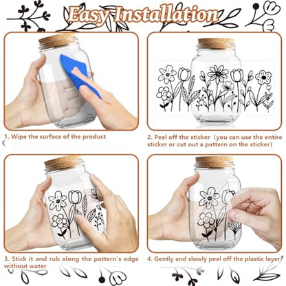 UV DTF Cup Wraps Transfer Stickers Black Line Flowers Pattern, 10 Sheets Waterproof Custom Vinyl Transfer Sticker 16oz Coffee Glass Cup Tumbler Bottle Mug Decals for Men Women - style: Black Line Flowers