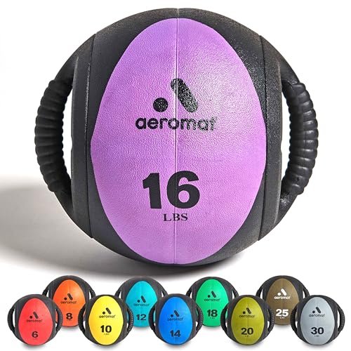 AEROMAT Dual Grip Power Medicine Balls for Abdominal Training and Rotational Movements - 9" Diameter - Weights Color-Coded - style: 16 lbs - Black/Purple