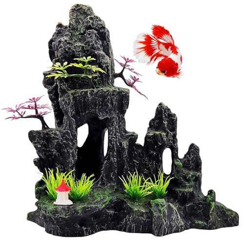 Large Aquarium Decoration, Artificial Mountain View Fish Tank Decoration, Very Suitable for Aquatic Pets Such as Fighting Fish and Ornamental Fish to Hide and Explore -10.5 inches high